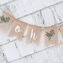 Load image into Gallery viewer, Burlap Greenery Oh Baby Shower Gender reveal sign Banner garden rustic Farmhouse Dessert Table decoration Backdrop Photo Booth