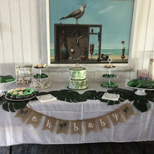 Load image into Gallery viewer, Burlap Greenery Oh Baby Shower Gender reveal sign Banner garden rustic Farmhouse Dessert Table decoration Backdrop Photo Booth