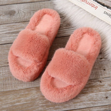 Load image into Gallery viewer, Quality Luxury One Word Thick Sole Warm Plus Velvet Home Women Shoes Plush Open Toe Cotton Slippers