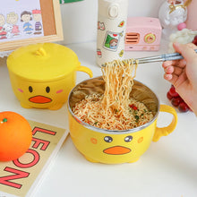 Load image into Gallery viewer, Kawaii Duck Ramen Noodles Bowl With Lid Cute Stainless Steel Kitchen Fruit Instant Salad Rice Soup Double-layer Bowl Tableware portable lunch