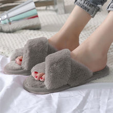 Load image into Gallery viewer, Winter Women Furry Slippers Soft Plush Cross Faux Fur Shoes Indoor Ladies Platform Sandalias Open Toe Fluffy House Slides