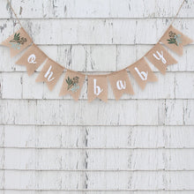 Load image into Gallery viewer, Burlap Greenery Oh Baby Shower Gender reveal sign Banner garden rustic Farmhouse Dessert Table decoration Backdrop Photo Booth
