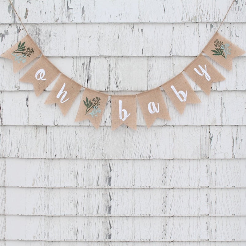 Burlap Greenery Oh Baby Shower Gender reveal sign Banner garden rustic Farmhouse Dessert Table decoration Backdrop Photo Booth