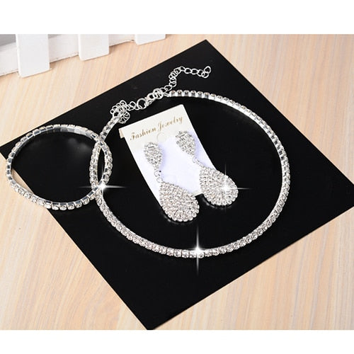 3 PCS Luxury Wedding Bridal Jewelry Sets Women Necklace Bracelet Crystal Long Earring Set Elastic quinceanera custom