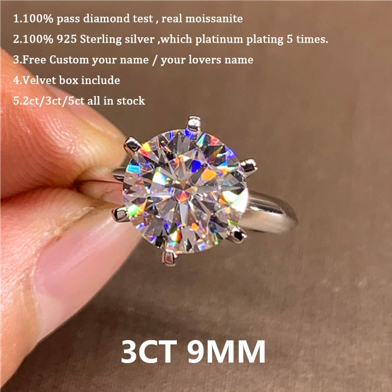 0.5 - 5 Carat Round Moissanite Ring 6 Prongs  Sterling Silver Plated 14K Gold High Clarity D Color Diamond Rings Woman Jewelry custom name engrave