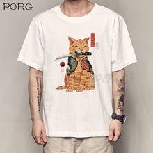 Load image into Gallery viewer, Japanese Style Cat Graphic tee katana sakura blossom bonsai Short Sleeve Anime Tshirt kawaii T-Shirt Tops custom handmade print kitty tabby
