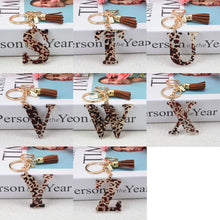 Load image into Gallery viewer, Acrylic Leopard Letter Keychain With Tassel Fashion matching Couple A-Z Initial Letter Pendant Key Ring  Women Bag handmade
