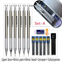 Load image into Gallery viewer, Metal Mechanical Pencil with Pen Box Set Lead Eraser Sharpener Set 0.3 0.5 0.7 0.9 1.3 2.0mm Art Sketch Automatic Craft tool 005mm 007mm 009mm
