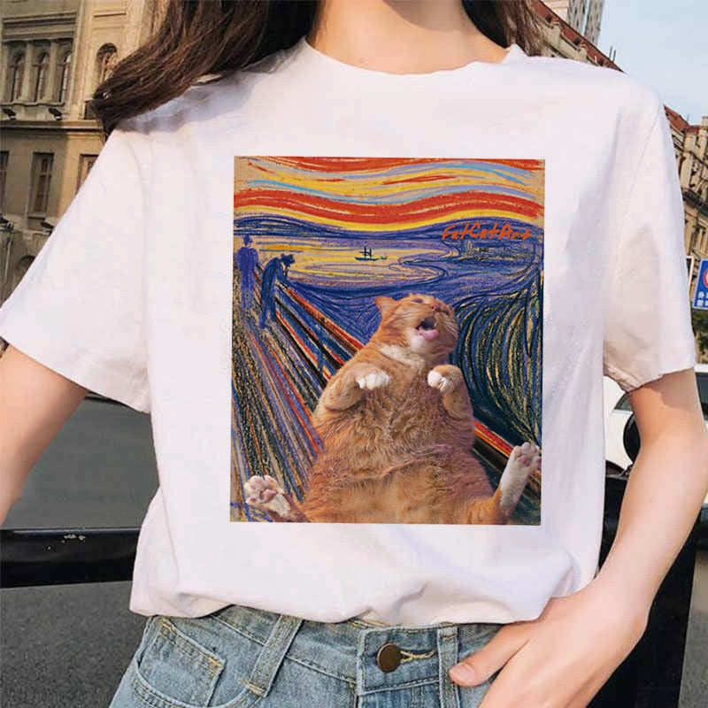 Van Gogh Cat Women T Shirt Art Oil Painting funny gag gift Print kitten kitty tabby T-shirt Tshirt Funny Tops Tees custom handmade print design