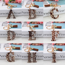 Load image into Gallery viewer, Acrylic Leopard Letter Keychain With Tassel Fashion matching Couple A-Z Initial Letter Pendant Key Ring  Women Bag handmade
