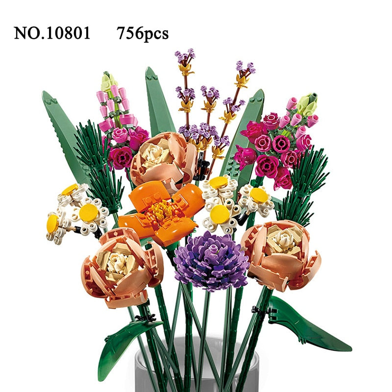 Flower Bouquet Rose Orchid Building Block Bricks DIY Potted Illustration Holiday Girlfriend Gifts crafting material tool supplies
