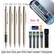 Load image into Gallery viewer, Metal Mechanical Pencil with Pen Box Set Lead Eraser Sharpener Set 0.3 0.5 0.7 0.9 1.3 2.0mm Art Sketch Automatic Craft tool 005mm 007mm 009mm
