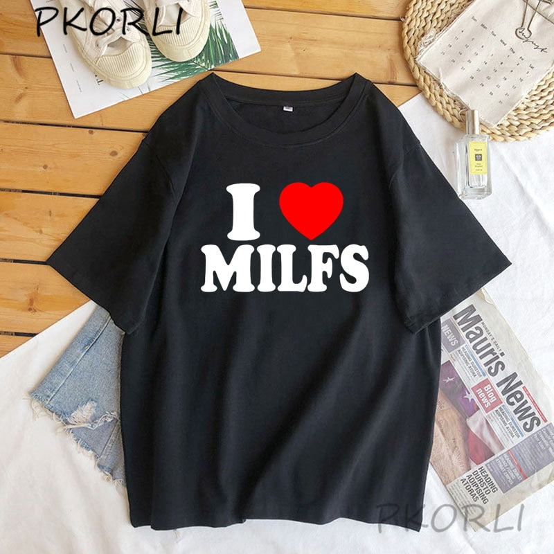 I Love MILFS I Heart Hot Moms Printed T-shirts Women Cotton Short Sleeve Casual T Shirt Tee Shirts custom handmade print funny gag