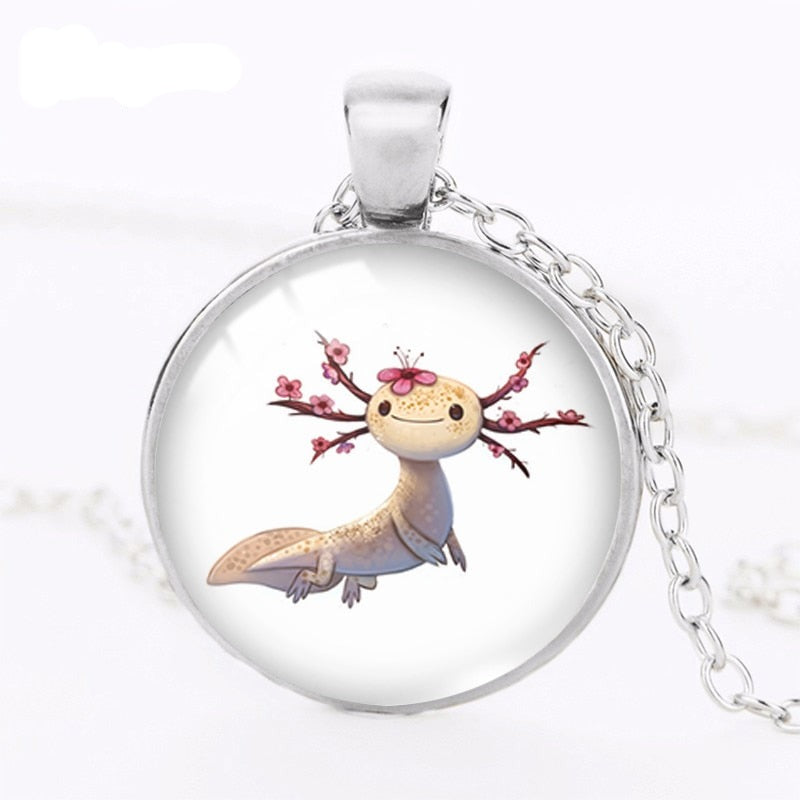 Axolotl Pendant Necklace Animal Round Photo Necklaces Glass Dome Jewelry Gifts handmade giant salamander