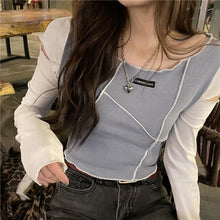 Load image into Gallery viewer, Patchwork T-shirts Women Long Sleeve Design Harajuku Fashion Summer College Slim Crop Top All-match Soft Leisure Ins New Basic

