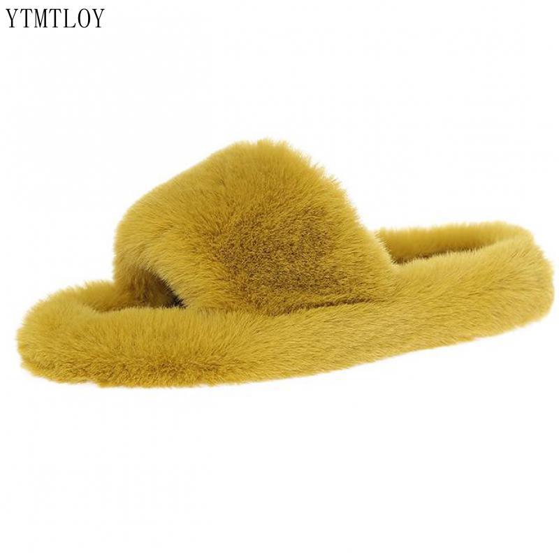 Home Slippers Women's Flat Shoes Female Lady Fur Flip Flops Slides Soft Plush Cotton Indoor Winter
