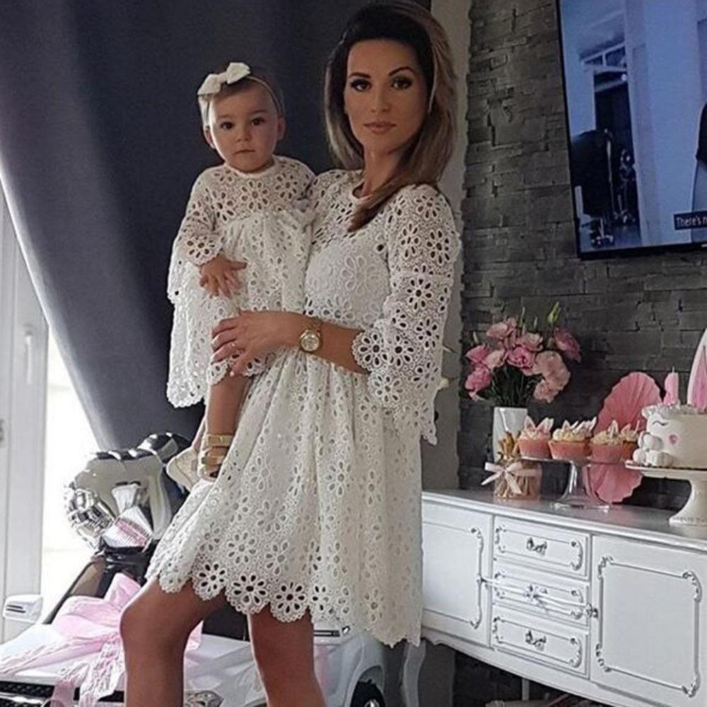 Fashion Family Matching Clothes Mother Daughter Dresses White Hollow  Floral Lace Dress Mini Dress Mom Baby Girl Party Clothes custom design handmade