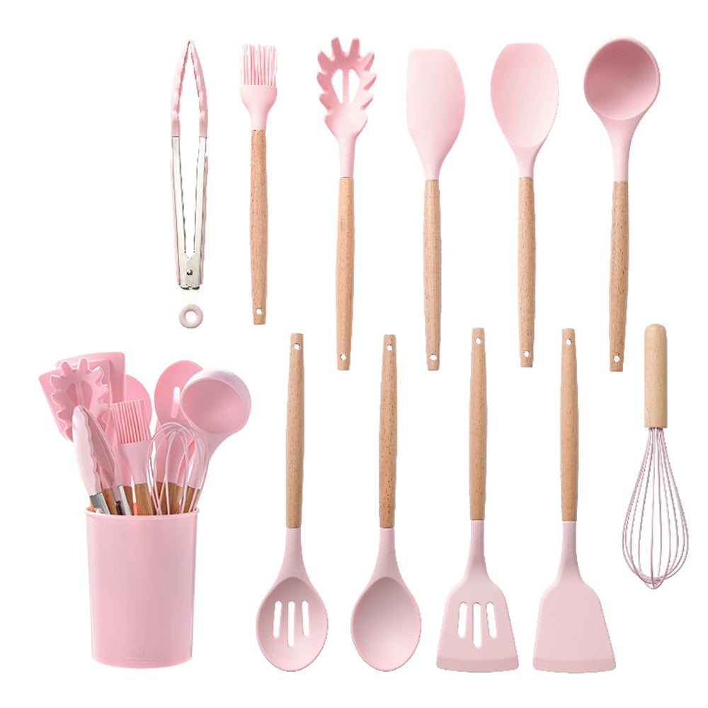 Silicone Kitchenware Cooking Utensils Set Non-stick Cookware Spatula Shovel Egg Beaters Wooden Handle Kitchen Cooking Tool Set CRAFTING business
