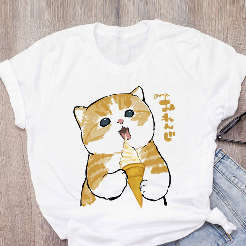 Women T-shirt Cute Cat Funny Cartoon T-shirt Harajuku Graphic Ulzzang T-shirt 90s Print T-shirt Fashion Aesthetic Top Tee Female