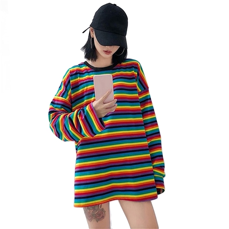 Rainbow Stripe T Shirt Hoodies T-Shirt Long Sleeve Pullovers Tops For Women Female Sweatshirt gay pride love is love custom design handmade