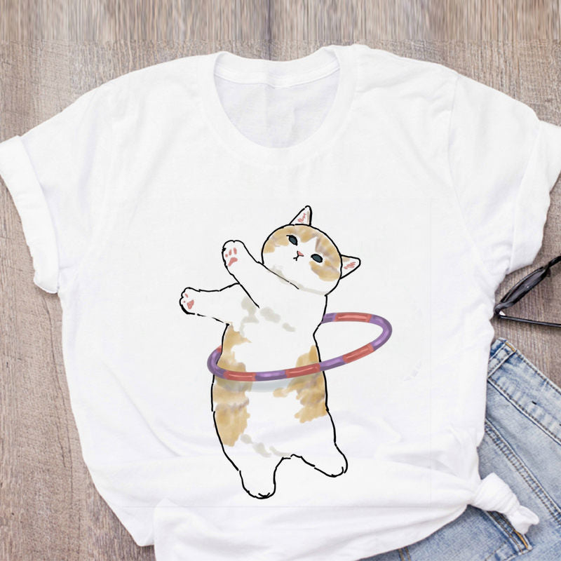 Women T-shirt Cute Cat Funny Cartoon T-shirt Harajuku Graphic Ulzzang T-shirt 90s Print T-shirt Fashion Aesthetic Top Tee Female