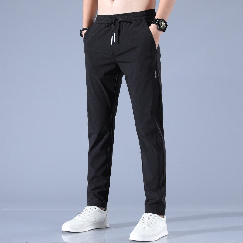 Men's Ultra-Thin Silk Trousers Solid Color Mid-Waist Loose Breathable Straight-Leg Casual Pants Thin Quick-Drying Sports Pants