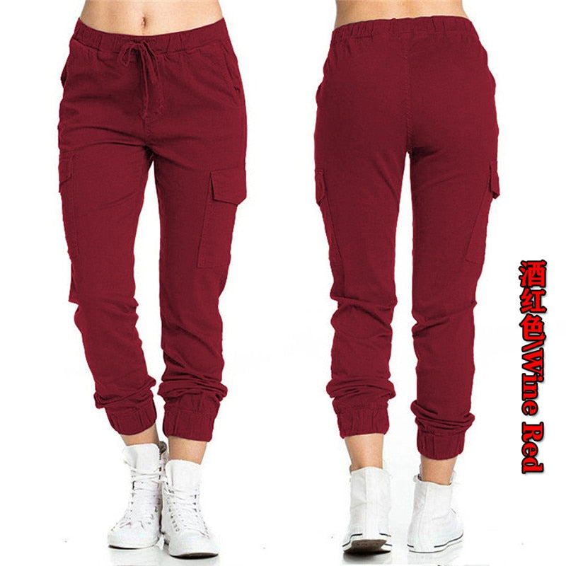 New Solid Jogger Women's Cargo Pants Multi-Pocket Drawstring Elastic Waist Women Sports Pants Streetwear Casual Long Pant