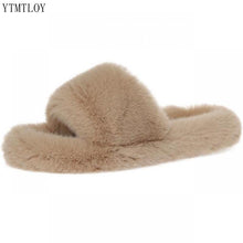 Load image into Gallery viewer, Home Slippers Women&#39;s Flat Shoes Female Lady Fur Flip Flops Slides Soft Plush Cotton Indoor Winter
