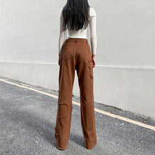 Load image into Gallery viewer, Brown Vintage Baggy Jeans Women 90s Streetwear Pockets Wide Leg Cargo Pants Low Waist Straight Denim Trousers
