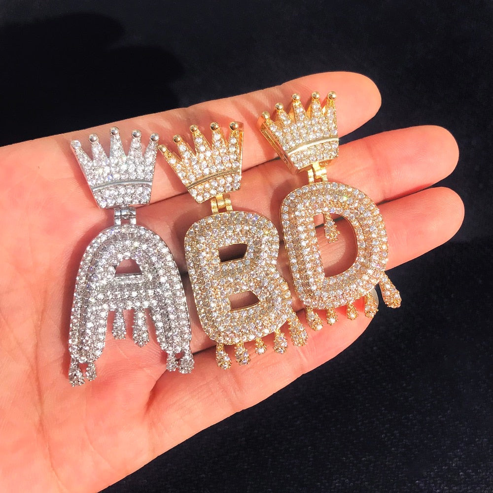 Bubble Letter Custom Name Necklace for Men Personalized Pendant Crown Drippy Charms Cubic Zircon Hip Hop Jewelry Iced Out