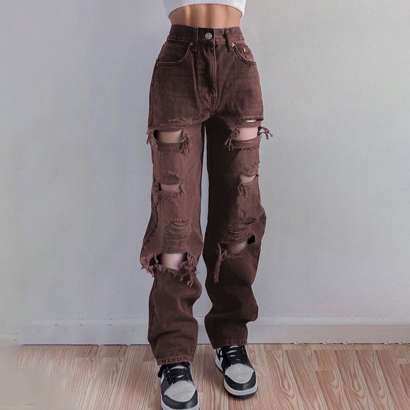 Brown Ripped Vintage Woman's Distressed Jeans Streetwear Hole Hip Hop High Waist Pants Fashion Straight Denim Trousers Ladies