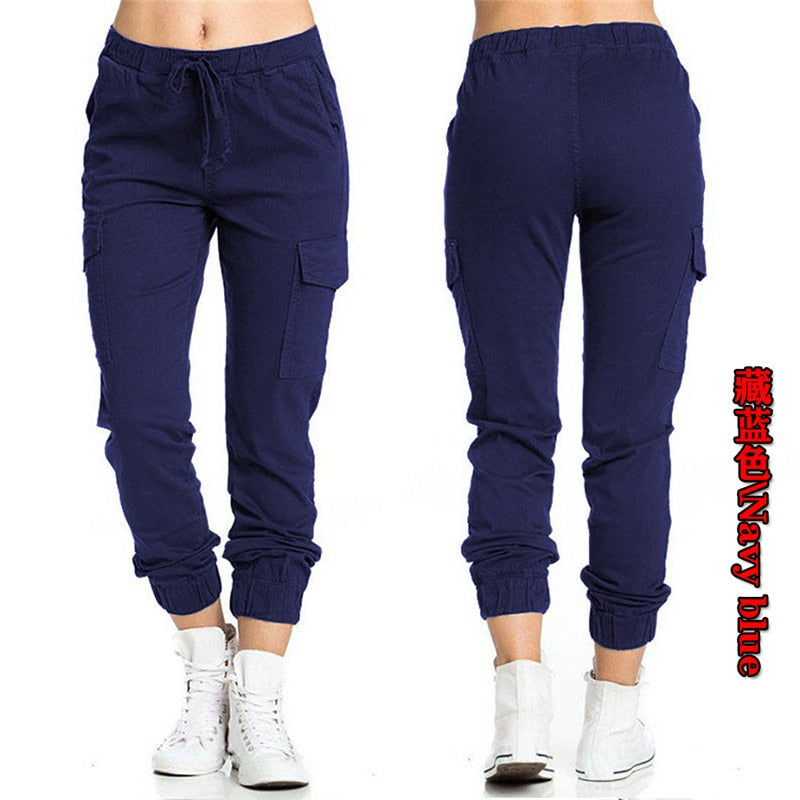 New Solid Jogger Women's Cargo Pants Multi-Pocket Drawstring Elastic Waist Women Sports Pants Streetwear Casual Long Pant