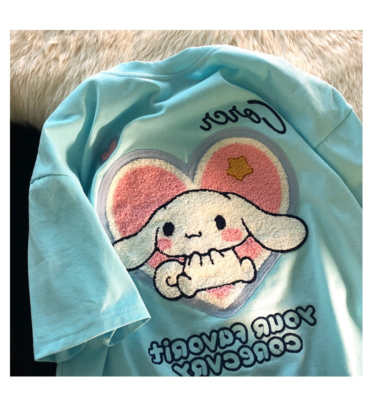 Flocking Kawaii Dog Print T-Shirt Harajuku Casual Loose Summer Women'S T-Shirt Cute Sweet Aesthetic Oversized Tops Streetwear