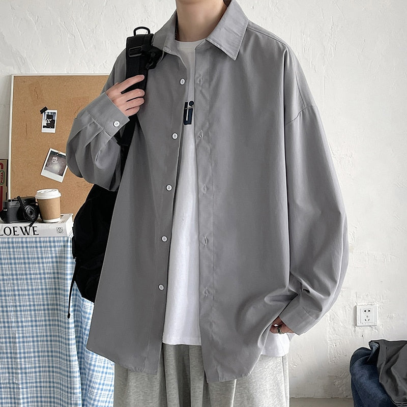 Men Korean Fashion White Long Sleeve Shirts Mens Harajuku Black Oversized Shirt Male Button Up Shirts Blouses