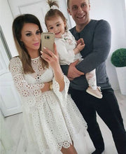 Load image into Gallery viewer, Fashion Family Matching Clothes Mother Daughter Dresses White Hollow  Floral Lace Dress Mini Dress Mom Baby Girl Party Clothes custom design handmade
