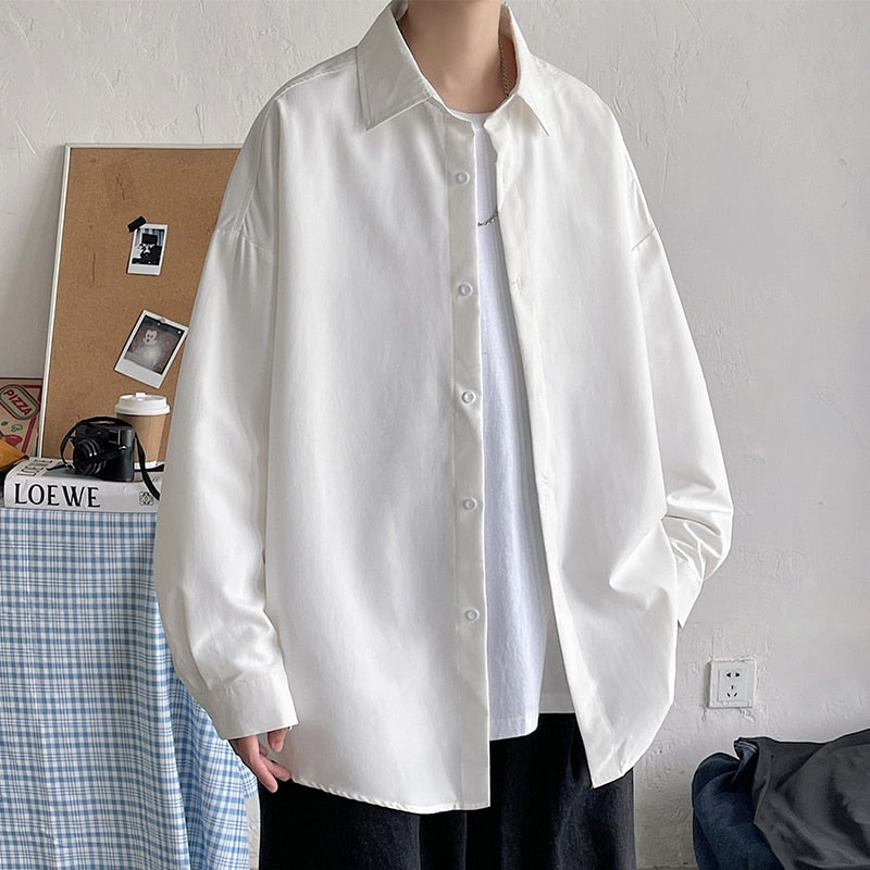 Men Korean Fashion White Long Sleeve Shirts Mens Harajuku Black Oversized Shirt Male Button Up Shirts Blouses