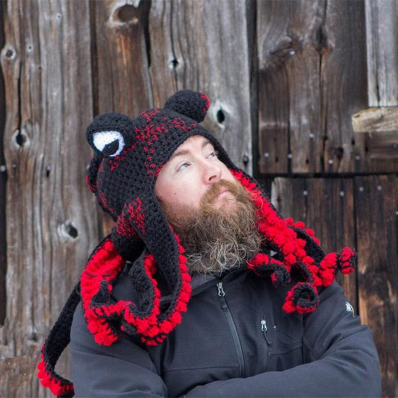 New Octopus Beard Knit Wool Hat Hand Weave Men Christmas Cosplay Party Funny Tricky Headgear Winter Warm Couples Beanie Caps