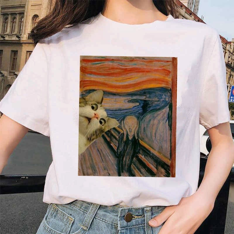 Van Gogh Cat Women T Shirt Art Oil Painting funny gag gift Print kitten kitty tabby T-shirt Tshirt Funny Tops Tees custom handmade print design