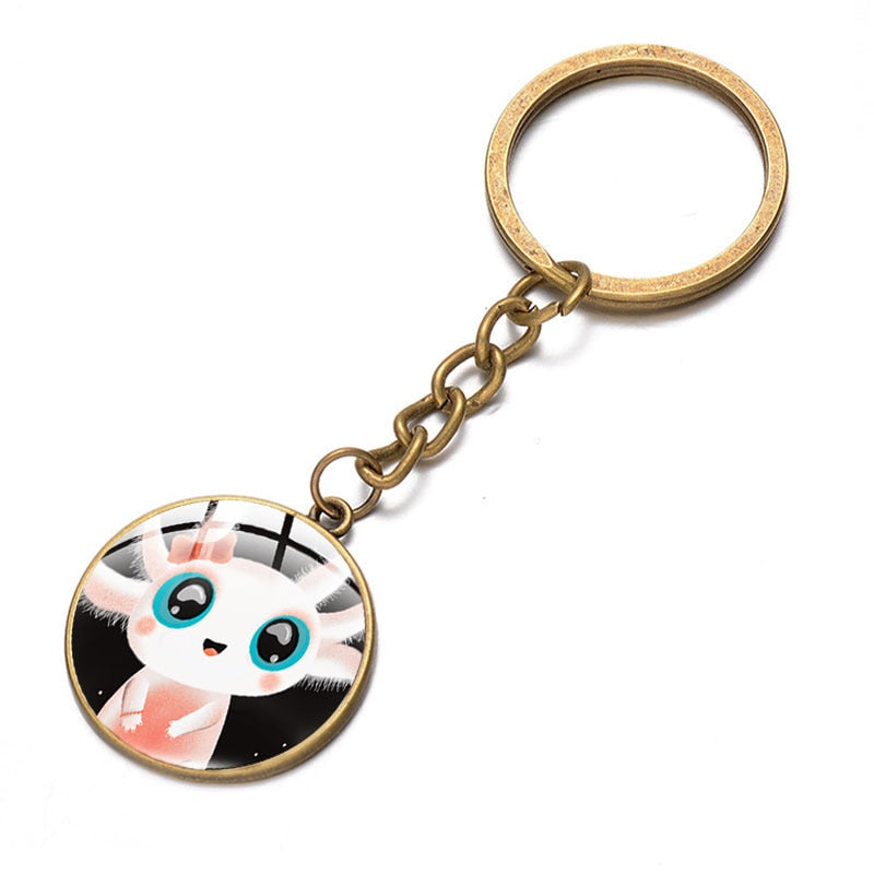 Axolotl Pendant Keychain Cartoon Art Pattern Glass Cabochon Keyring Car Bag Alloy Metal Key Chain Fashion Jewelry reptile salamander