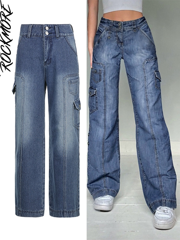 Brown Vintage Baggy Jeans Women 90s Streetwear Pockets Wide Leg Cargo Pants Low Waist Straight Denim Trousers