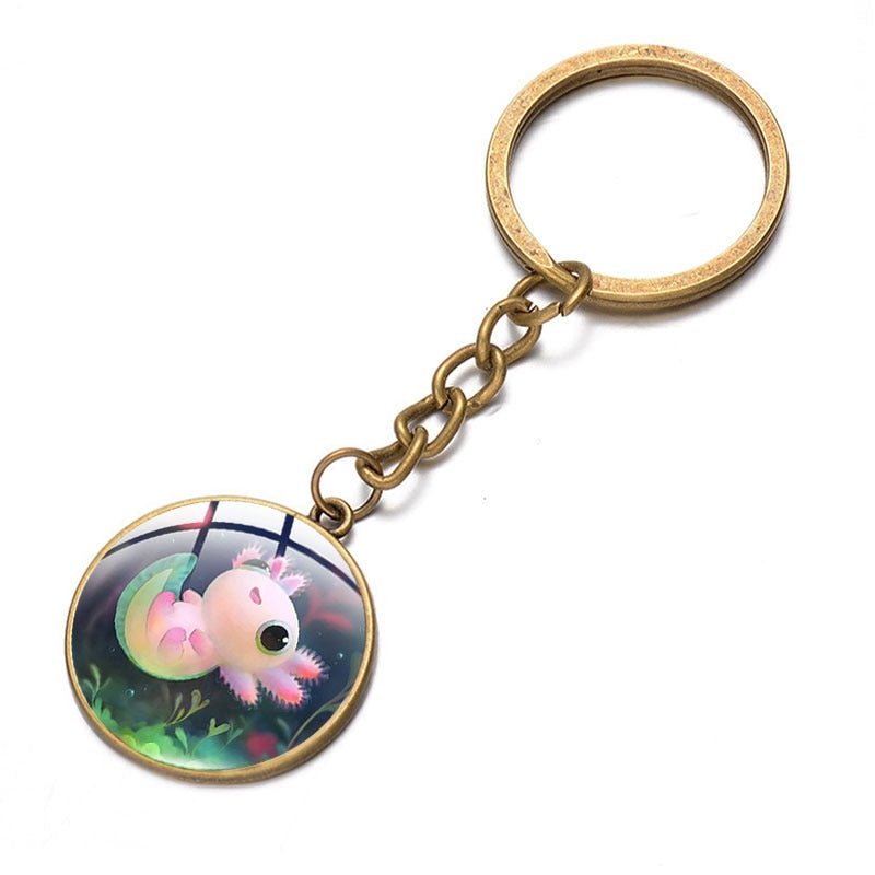 Axolotl Pendant Keychain Cartoon Art Pattern Glass Cabochon Keyring Car Bag Alloy Metal Key Chain Fashion Jewelry reptile salamander