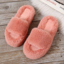 Load image into Gallery viewer, Quality Luxury One Word Thick Sole Warm Plus Velvet Home Women Shoes Plush Open Toe Cotton Slippers

