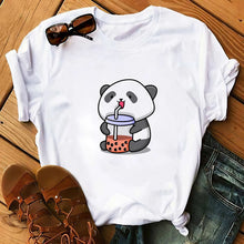 Load image into Gallery viewer, Panda Bear Boba Tea Bubble milktea Shirt Cartoon custom Print Cotton Short Sleeve Womens Tees Kawaii Tops female Clothing
