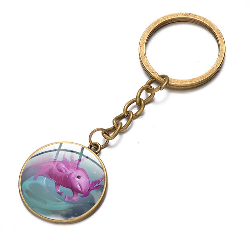 Axolotl Pendant Keychain Cartoon Art Pattern Glass Cabochon Keyring Car Bag Alloy Metal Key Chain Fashion Jewelry reptile salamander