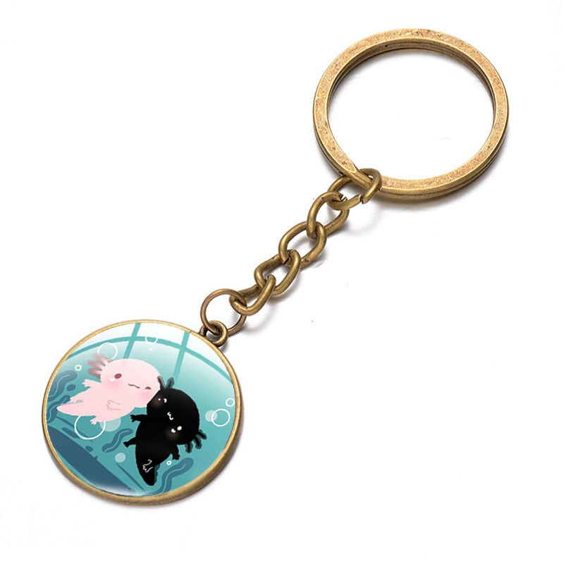 Axolotl Pendant Keychain Cartoon Art Pattern Glass Cabochon Keyring Car Bag Alloy Metal Key Chain Fashion Jewelry reptile salamander