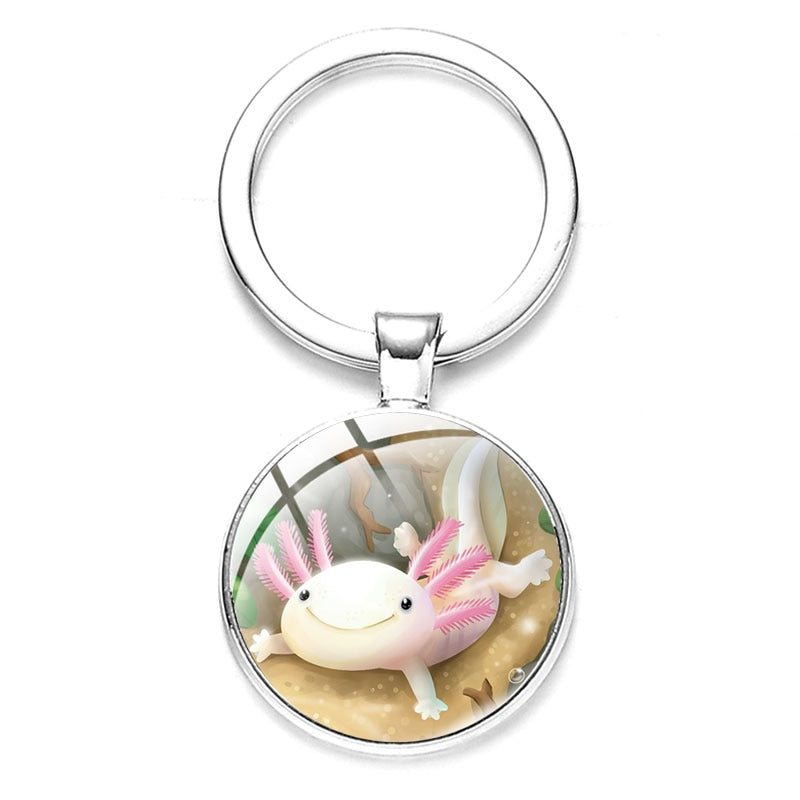 Axolotl Pendant Keychain Cartoon Art Pattern Glass Cabochon Keyring Car Bag Alloy Metal Key Chain Fashion Jewelry reptile salamander