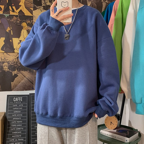 Harajuku Sweatshirts Men's Autumn Korean Solid Color Fleece Oversized Pullovers Casual O Neck Basic Tops Hip Hop Streetwear
