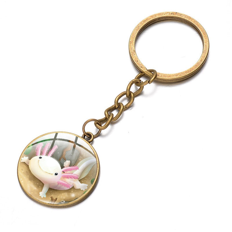 Axolotl Pendant Keychain Cartoon Art Pattern Glass Cabochon Keyring Car Bag Alloy Metal Key Chain Fashion Jewelry reptile salamander