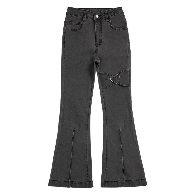 Y2k Heart Jeans for Women Vintage Gray Denim Flare Pants 90s Aesthetic Bottoms Streetwear Mom Wash Trouser Harajuku