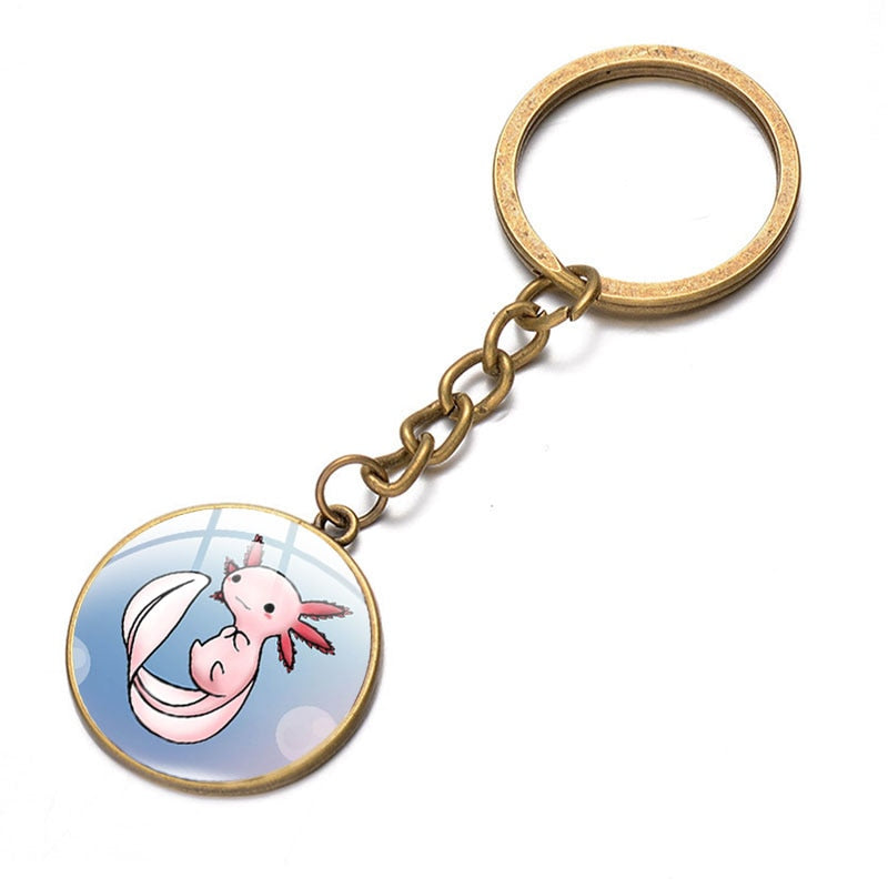 Axolotl Pendant Keychain Cartoon Art Pattern Glass Cabochon Keyring Car Bag Alloy Metal Key Chain Fashion Jewelry reptile salamander